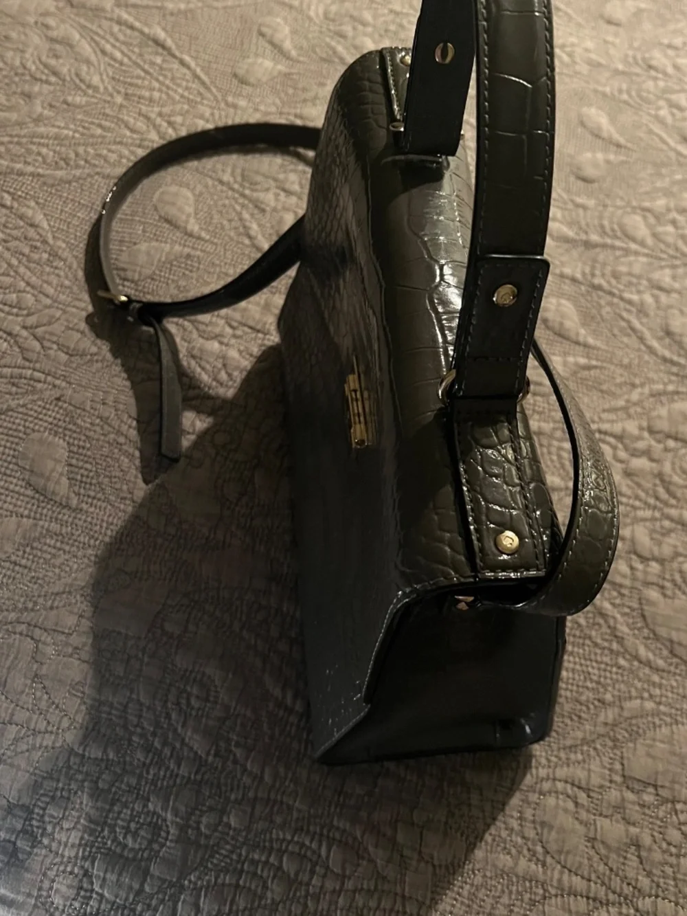 Kate Spade Doris Croc Embossed Dark Gray Patent Structured Tote Bag w/ 2 Handles